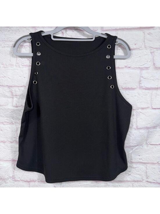 Tops - Black Sleeveless Tank Top with Metal Eyelet Detailing